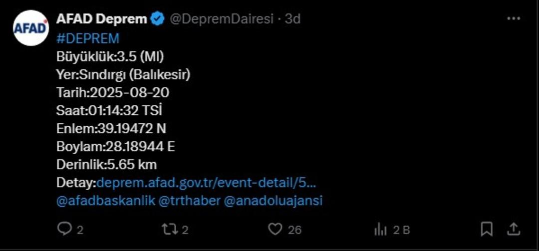Apad duyurdu! Art arda depremlerde Balikesir ... en şiddetli 4.3 büyüklük 2